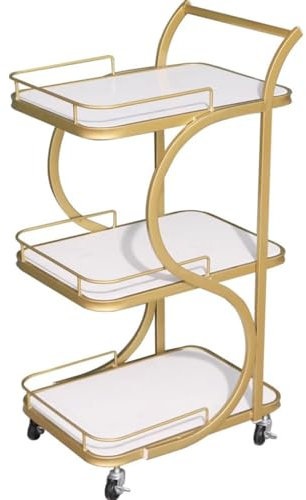 FOTOEV Gold Rolling Rolling Cart With Imitation Marble Storage Shelves, Metal Mobile Utility Trolley Serving Cart With Lockable Wheels, Modern Strorage Rack Organizer, For Bathroom Kitchen Office