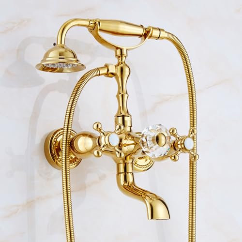 BiaoTeng Badewanne Armatur Retro Antike Gold Wandmontage Badewanne Wasserhahn Dusche Set 2 Funktionen Heiß oder kalt Messing Wannenarmatur Retro, B