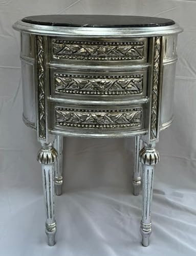 Casa Padrino Barock Nachtkommode Antik Silber/Schwarz - Prunkvolle Barockstil Kommode mit 3 Schubladen und Marmorplatte - Barock Möbel - Schlafzimmer Möbel im Barockstil