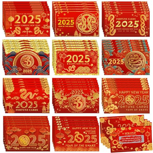 JULMELON Chinesischen Neujahr Rubbelkarten,100 Stück 2025 Neujahr Wünsche Rubbelkarten Rote Glückskarten zum Rubbeln Chinesischen Glücklich Rubbelkarten für Neujahr Partygeschenke Partyspiele
