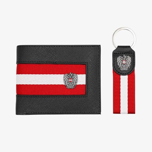 Hoamatkult Österreich Adler Leder Geldtasche Geschenkset - Echtes Vintage-Leder, RFID-Schutz, Mehrfachfächer, Inklusive Schlüsselanhänger