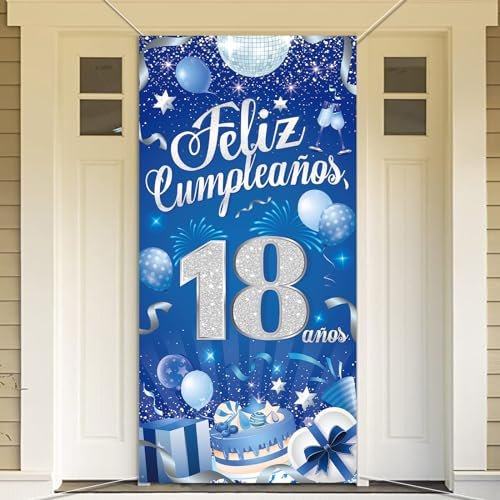 DPKOW Español Pancarta de Feliz Cumpleaños 18 años para Chico, Decoración de Cumpleaños 18, Plata Azul, 185 * 90 cm