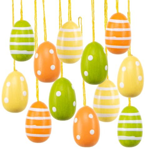 Set di 12 ovetti pasquali in legno da appendere, 3 cm: decorazioni retrò in verde, arancione e giallo con pois e righe, per albero di Pasqua, fiori e regali