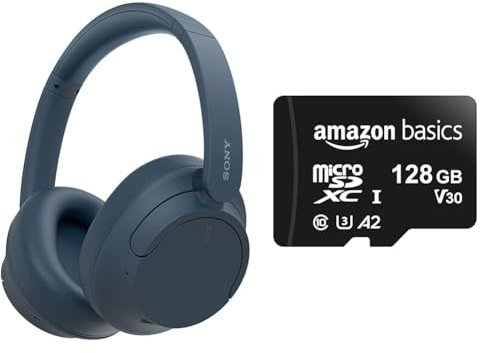 Sony WH-CH720N Noise Cancelling Wireless Bluetooth Headphones - Blue & Amazon Basics - MicroSDXC Memory Card, 128GB, with SD Adapter, A2, U3, 100MB/s Max Read Speed, Black