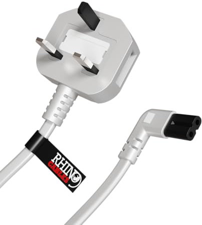 rhinocables Figure 8 Mains Right Angle End TV Power cable, UK Plug to IEC C7 Fig8 2Pin 90 Degree Lead Power Supply Cord compatible with Xbox, PS5, Printer, Laptop (White, 3m)