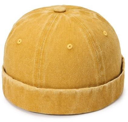 HAORUN Unisex Washed Denim Docker Cap Rolled Cuff Beanie Hip Hop Hat Brimless, gelb, Einheitsgr��e