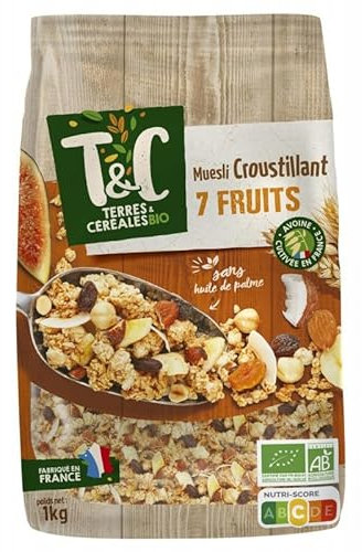 Muesli croustillant 7 fruits bio de TERRES ET CEREALES - Saveur naturelle et nutritive, 1kg – Épicerie sucrée diététique. - Le Lot De 3