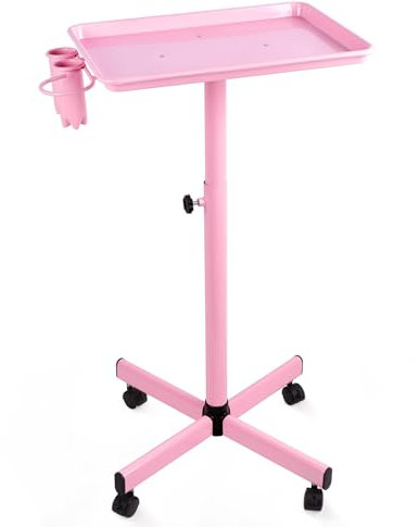 Kalolary Premium Aluminum Instrument Salon Tray Cart Adjustable Height Storage Tray Tattoo Instrument Tray W/Accessory Caddy Aluminum Mobile Utility Trolley Tool Holder (Pink)