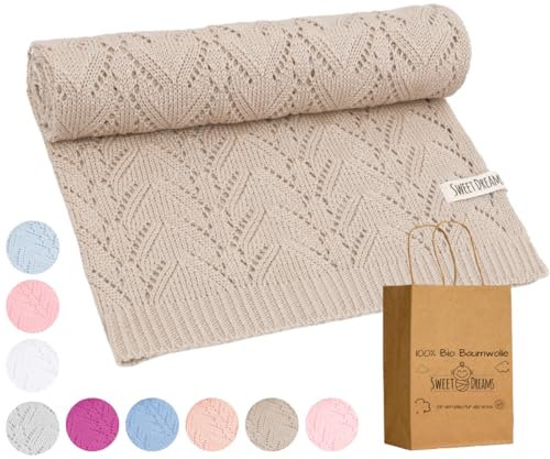 Mikos* 100% Bio-Baumwoll Leichte Babydecke - Ajourmuster - Perfekt für Sommer & Frühling - Strickdecke für Babys, Kinder und Neugeborene Hypoallergen 80x100cm (28) (Beige)