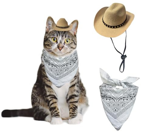 AWOCAN Cowboyhut für Hunde, Katzen, Cowboyhut, Mini-Cowboyhut für Hunde, Katzen, Cowboy-Kostüm mit Bandana, Schal, Urlaub, Halloween, Haustier-Party-Dekoration (Khaki, klein)