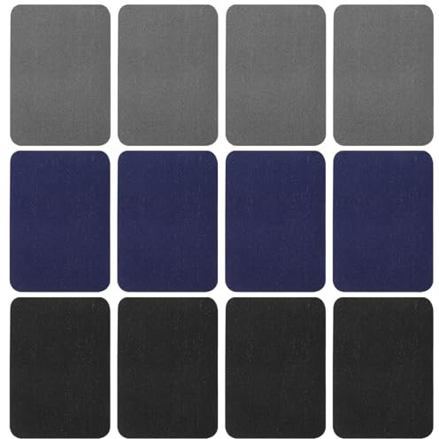 Gjinxi 12Pcs Fabric Repair Patches, 4 x 3 Inches Cotton Iron on Patches for Clothing Inside & Outside Repair, Fabric Patches Iron on for Denim Jean Clothes Repair Decorating Kit (Black, Blue, Grey)