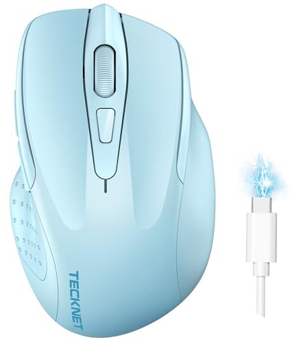 TECKNET Bluetooth Maus, Wiederaufladbare Maus Kabellos(DREI Modi: BT 5.0/3.0 + 2.4G), 4800 DPI, Ergonomische Leise Funkmaus für Laptops, Mac OS, Android, Windows, Himmelblau
