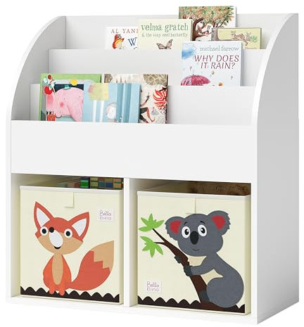 Bellabino Kinderregal Koro, Spielzeug Aufbewahrung, Bücherregal für Kinder mit 3 Fächern für Bücher und 2 Fächern für Boxen (inkl. 2 Faltboxen Koala/Fuchs)