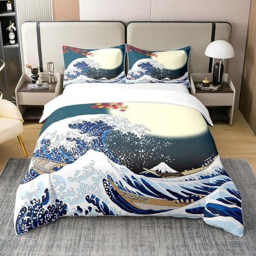 Loussiesd Japanisches Hokusai Muster Bett Set Exotisches Bettbezug Set im japanischen Stil Blue Wave Muster Bettwäsche Set 135x200cm 100% Baumwolle Kinder Frauen Erwachsene Fuji Mountain Gedruckt