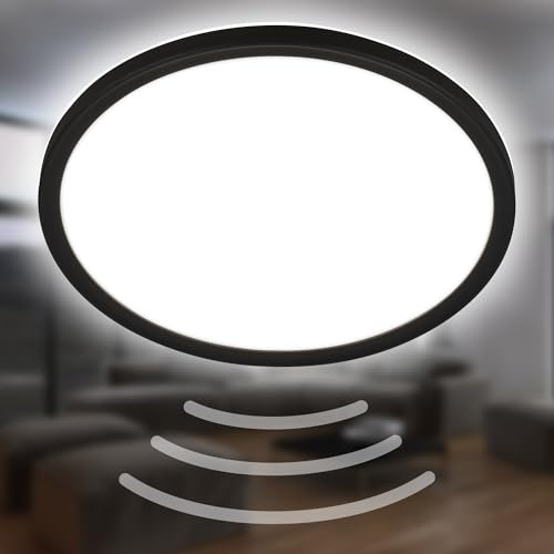 BRILONER - LED Deckenlampe mit Bewegungsmelder 3m Reichweite IP44, neutralweiße Lichtfarbe, flach, 120 Grad Erfassung, Deckenleuchte, LED Panel, Badlampe, Badezimmerlampe, 29x3 cm, Schwarz