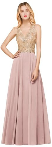 Misshow Robe de Bal Longue Elégante en Mousseline avec Appliques Dentelles Florales Robe pour Mariage Invitée Femme Temoin Rose 42