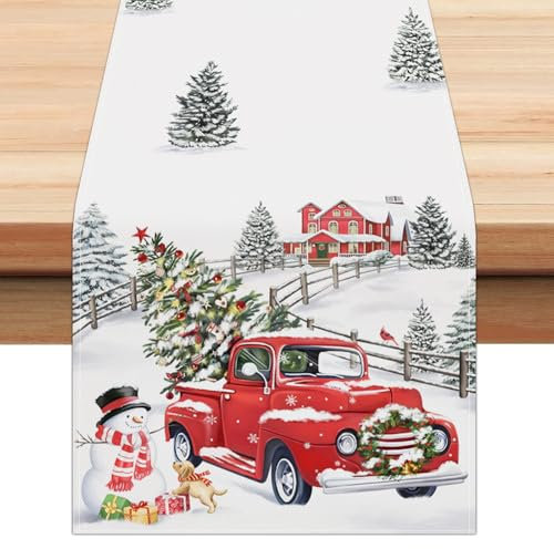 Bonhause Christmas Truck Table Runner - Snow Tree Snowman, Seasonal Winter Xmas Holiday Decor, 33 x 183 cm Xmas Red Truck