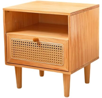 NHDVDVAV Nachttisch/Beistelltisch aus Massivholz-Rattan, Mid Century Modern Nachttisch mit Schublade, Beistelltisch aus Holz für kleine Räume, Schlafzimmer und Wohnzimmer,A