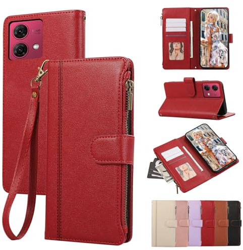 Rosbtib Funda de Móvil para Motorola Moto G84 5G (6.5 2023) Funda de Cuero con Cremallera Cierre Magnético Carcasa de Cartera con 4 Ranuras para Tarjetas Función Stand Cover Moto G84 5G, Rojo