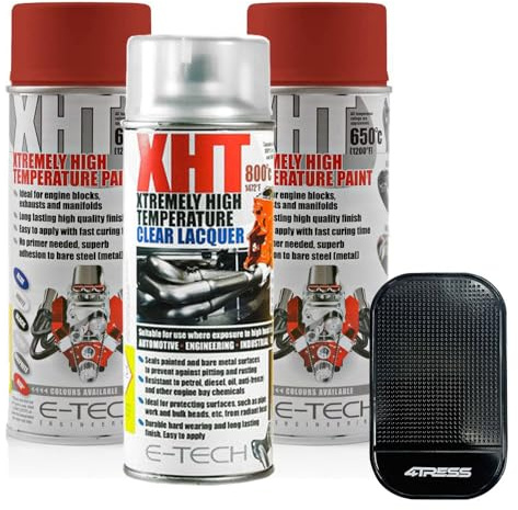 4TRESS ETECH 400ml XHT VHT Very High Temperature Paint 2 x Red 1 XHT Clear Lacquer for Car Engine Block Exhaust Metal Surface Non-Slip Dash Mat