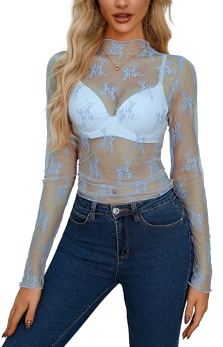 T-shirt à manches longues en maille fine pour femme - Motif floral en dentelle - Col montant - Transparent - Haut moulant de base - Hauts superposés - Chemisier (9370L, bleu clair)