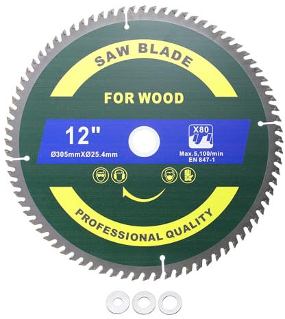Kozelo Circular Saw Blade - [12 Inch x 80 Teeth x 1 Inch Arbor] Tungsten Carbide Tipped Table Miter Saw Blades with 1 Inch to 5/8 Inch 1/2 Inch 3/8 Inch Washer Adapters | Blue
