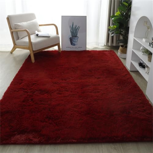 Highdi Einfarbig Langflor Weich Teppich Wohnzimmer,Klassisch Soft Shaggy Teppich,Flauschiger Teppich,Waschbarer Teppich Schlafzimmer,Kunstfell Fell Imitat Teppich Kinderzimmer (Weinrot,80x120cm)