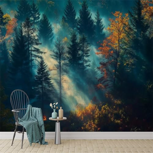 Papier Peint Panoramique 3D 300 x 210 cm Papier Peint Panoramique Forêt dense enveloppée de brume Grandes Murales Bleu Poster pour Salon Adulte Chambre d'enfants, Étude Décoration
