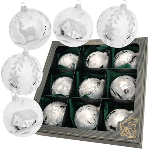 Krebs Glas Lauscha - Weihnachtsdekoration/Christbaumschmuck aus Glas - Weihnachtskugeln - Farbe: Silber Eislack - 9 Stück - Größe: ca. 8 cm