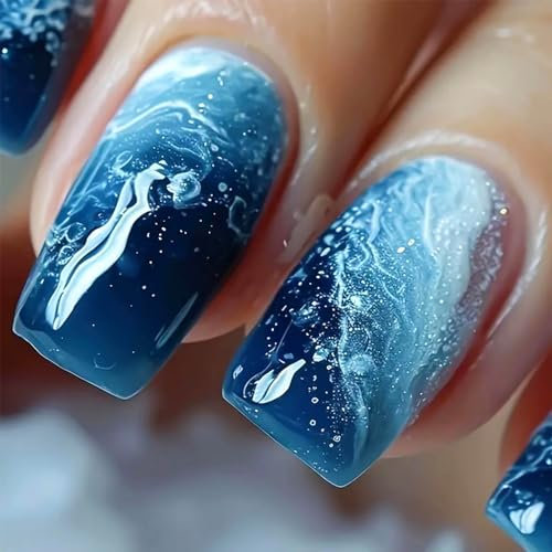 Shimmerz 24 Stück Quadratische Druckauf Nägel Mittlere Blaue Ombre Falschnägel mit Glitzer Designs Dicke Glänzende Künstliche Nägel