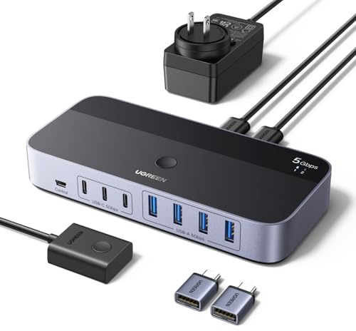 UGREEN Switch USB 5Gbps KVM Commutateur 2 PC Entrées Partagent 7 Sorties Périphériques USB pour Clavier Souris Disque Dur Imprimante Scanner Microphone avec 2 Adaptateurs USBC et Secteur DC 12V 2A