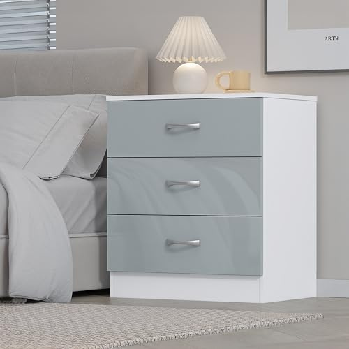 Harmin High Gloss Grey on White 3 Drawer Chest with Sleek metal handles - Dimensions: Height 68.5 cm x Width 60 cm x Depth 40 cm