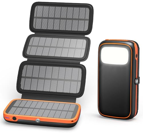 Solar Power Bank 26800mAh - Portable Solar Charger with 4 Foldable Panels – PD QC 3.0 Fast Charging Battery Bank with USB C Output/Input - Outdoor Battery Pack with Flashlight for Camping