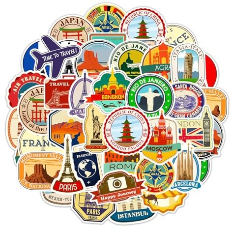 Reise Sticker 50 Stück – Koffer Aufkleber Reisen & Welt Städte Symbole – Wasserdichte Vinyl Sticker für Koffer, Laptop, Notebook, Skateboard, DIY Travel Deko