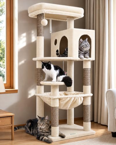Globlazer Beige Cat Tree with Large Plush Hammock 45 * 37cm, Comfort Cat Caves, Cushioned Platform, Sisal Scratching Posts, Compact Cat Tower for Indoor Cats Rest Play Scratch (F53, Beige)