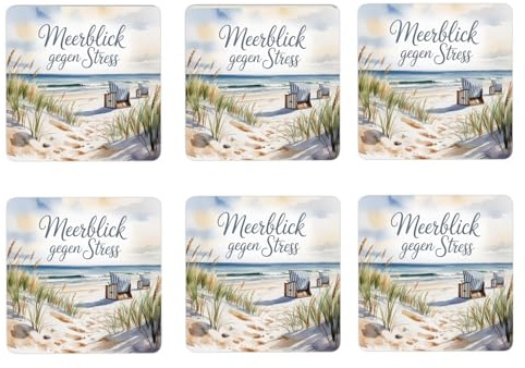 speecheese 6er Set Untersetzer aus Holz Ostsee Strandkorb Meerblick lustig | gegen Stress maritime Holzuntersetzer