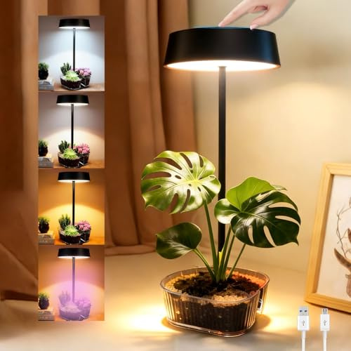 LED Tischlampe Kabellos Akku Dimmbare Nachttischlampe Touch Pflanzenlampe Vollspektrum mit 3 Farbtemperatur und Rotlicht Magnetisch 360° Rotation Tischleuchte für Schlafzimmer Esszimmer Pflanzenlicht