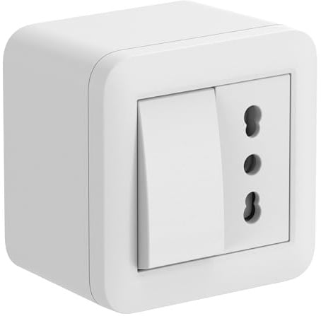 Electraline 60477 contenitore da superficie con presa bivalente e interruttore/deviatore FIXA 10A, bianco, IP40, compatibile per installazione con tubo rigido e canalina