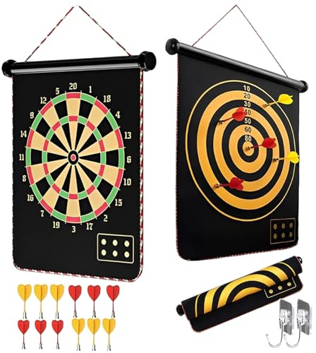yolzhxe Magnetisch Dartscheibe mit 12 Farbe Darts, 38×46 cm Doppelseitig Dartscheibe, Faltbar und Rollbar, Klassische Dartboards für Gartenspiele, Indoor Outdoor Spiele
