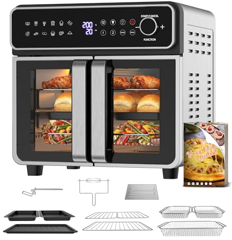 Heißluftfritteuse 23L XXL Mini Backofen mit Französischen Türen, 2400W Air Fryer Dual Zone mit Drehregler & Touch, Sync Finish, 15 Programme, Inkl. Rezeptbuch & 13 Zubehör, Metallgehäuse