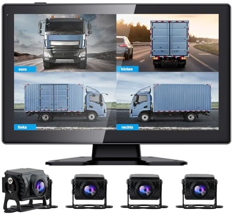 Junsun Rückfahrkamera 4 Kameras mit 10,1 Zoll HD Geteiltem Bildschirm | Rückfahrmonitor für Auto, LKW, Bus & Wohnmobil, Rückfahrassistent, Dashcam