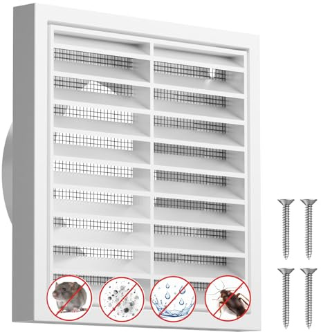 Vent Cover 100mm White Extractor Fan Vent Cover 4 Inch Wall Vent Grille External White Louvred Vent with Flyscreen for Tumble Dryer,Extractor Fan, Garage, Bathroom, Kitchen, Exterior Walls, Attic