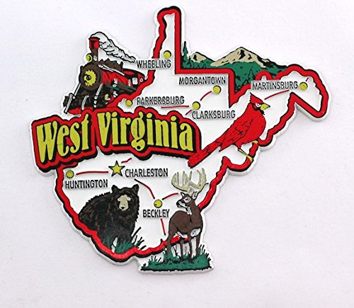 World By Shotglass Kühlschrankmagnet, Motiv: West Virginia Staatskarte und Sehenswürdigkeiten, Collage, Sammlerstück