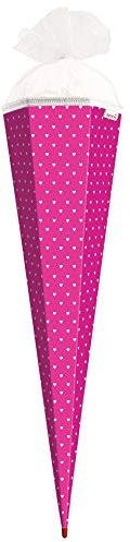 ROTH Bastel-Schultüte groß Knallpink - weiße Herzen 85 cm - 6-eckig Rot(h)-Spitze und Tüllverschluss Weiss