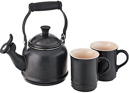 Le Creuset Enamel On Steel Demi Kettle & Stoneware Set of 2 Mugs, 1.25 qt. Kettle & (2) 14 oz. Mugs, Licorice