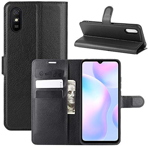 ROVLAK Etui pour Xiaomi Redmi 9A Housse de Protection Anti-Choc avec Crédit Carte Fente Etui en Cuir PU+Intérieur en Silicone TPU Case Wallet Coque pour Xiaomi Redmi 9A Smartphone,Noir