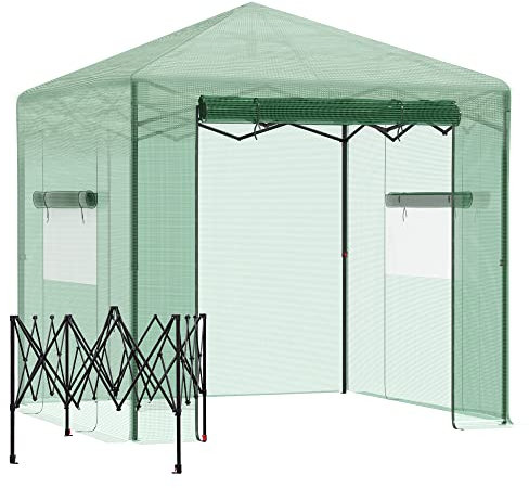 Outsunny Serre Pop-up - Serre de Jardin Pop-up - Porte + 2 fenêtres zippées enroulables - dim. 2,4L x 1,8l x 2,4H cm - Sac Transport Inclus - PE Vert