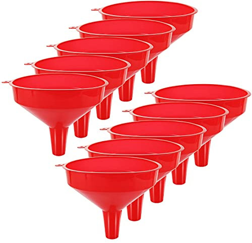 Juego de 10 embudos de plástico, embudos de aceite de boca ancha de 6.3 pulgadas, embudos de gas rojo multiusos, embudo grande con boquilla de largo alcance para coche, cocina automotriz