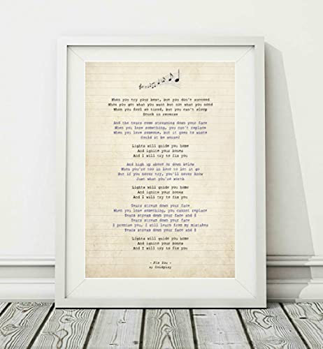 Didymus Co Coldplay – Fix You – Songtext Kunstdruck (ungerahmt) – Größen A4 (29,7 x 21 cm) und A3 (42 x 29,7 cm) (A4)