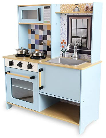 DEQUBE - Cocina de Madera 2 módulos diseño Moderno - Cocina de Juguete con Luces y Sonidos - Contiene Accesorios metálicos para el Juego - Tamaño 72X30X85 cm - Color Azul (913D00013)